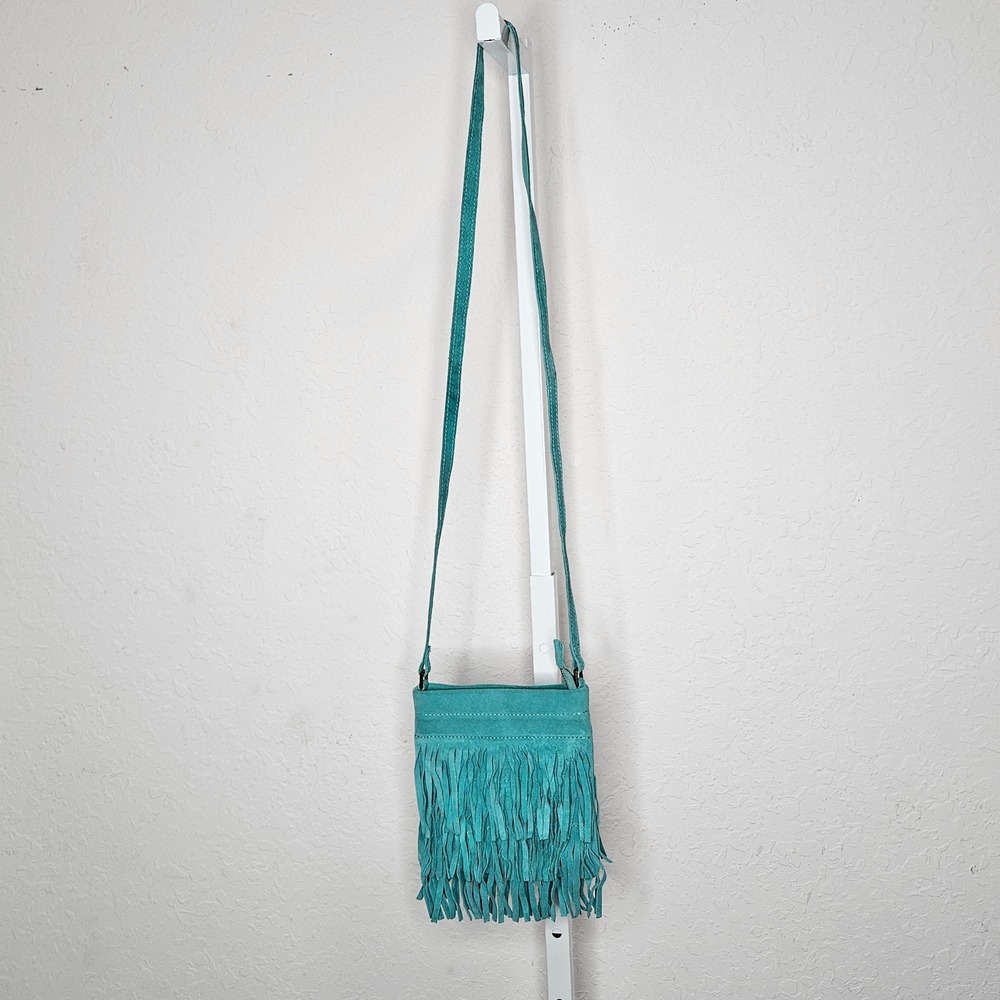 Turquoise Genuine Suede Leather‎ Fringe Crossbody Bag Small Boho Festival Teal - Picture 3 of 5